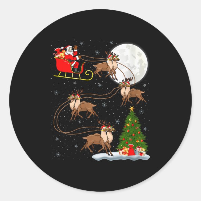 Womens Reindeer Santa Sleigh Flying Funny Magical  Classic Round Sticker (Front)