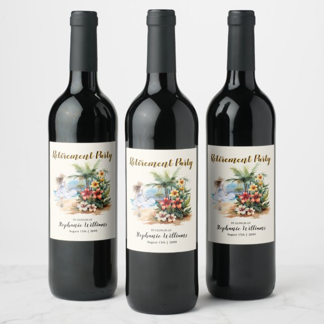 Women's Retirement Beach Aloha Flowers Party Wine Label (Bottles)