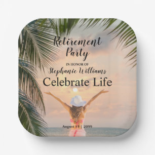 Women's Retirement Beach Themed Sunset Palm Tree Paper Plate