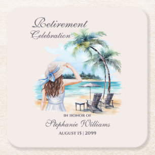 Women's Retirement Beach Themed Watercolor Square Paper Coaster