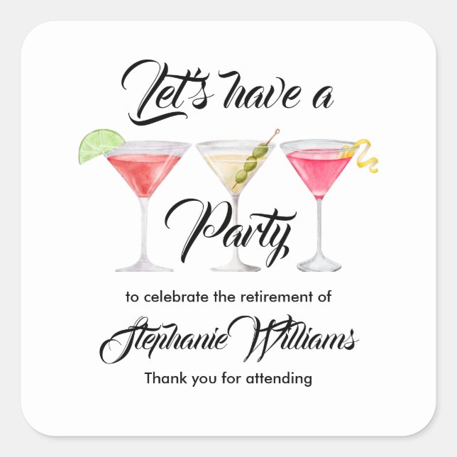 Women's retirement cocktail summer party square sticker (Front)