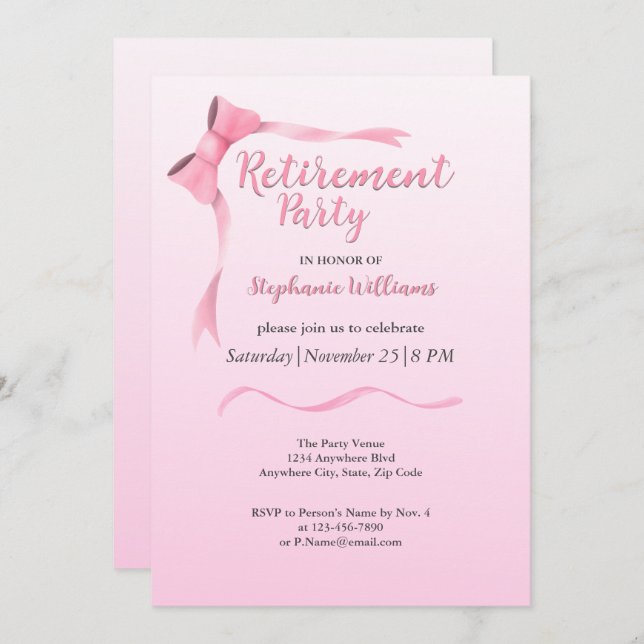 women's retirement elegant pink bow party invitation (Front/Back)