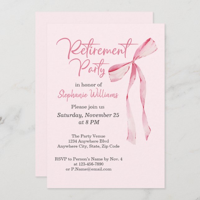 Women's Retirement Party Elegant Pink Bow  Invitation (Front/Back)