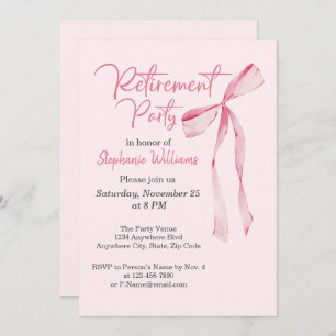 Women's Retirement Party Elegant Pink Bow  Invitation