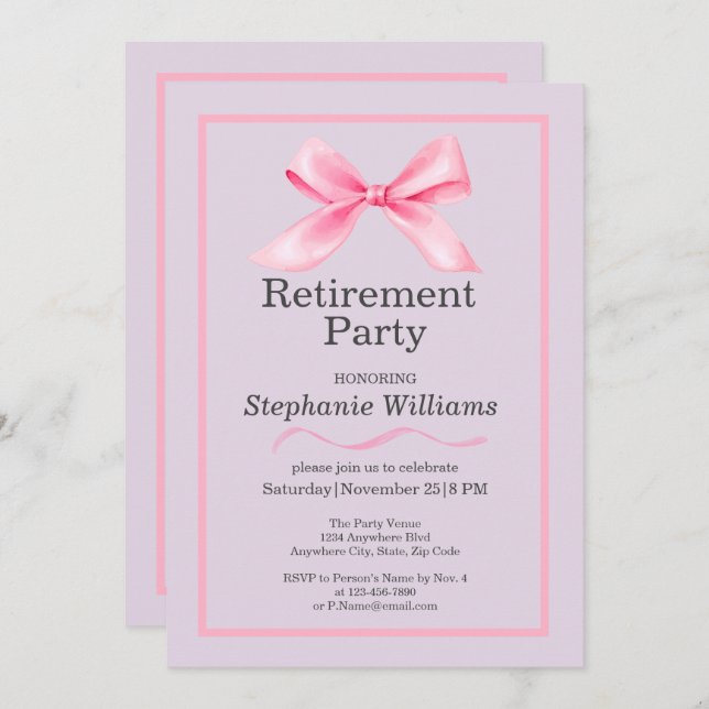 Women's Retirement Party Modern Elegant Pink Bow  Invitation (Front/Back)