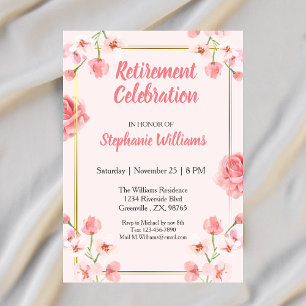 Women's Retirement Pink Floral Golden Border  Invitation