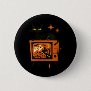 Womens Retro Halloween Black Cat Tv Ghost Pumpkin 6 Cm Round Badge