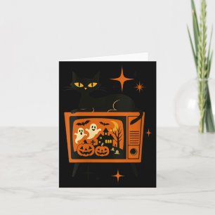 Womens Retro Halloween Black Cat Tv Ghost Pumpkin Card