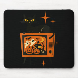 Womens Retro Halloween Black Cat Tv Ghost Pumpkin Mouse Pad