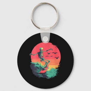Womens Retro Surfing Skeleton Surfer Riding Wave Key Ring