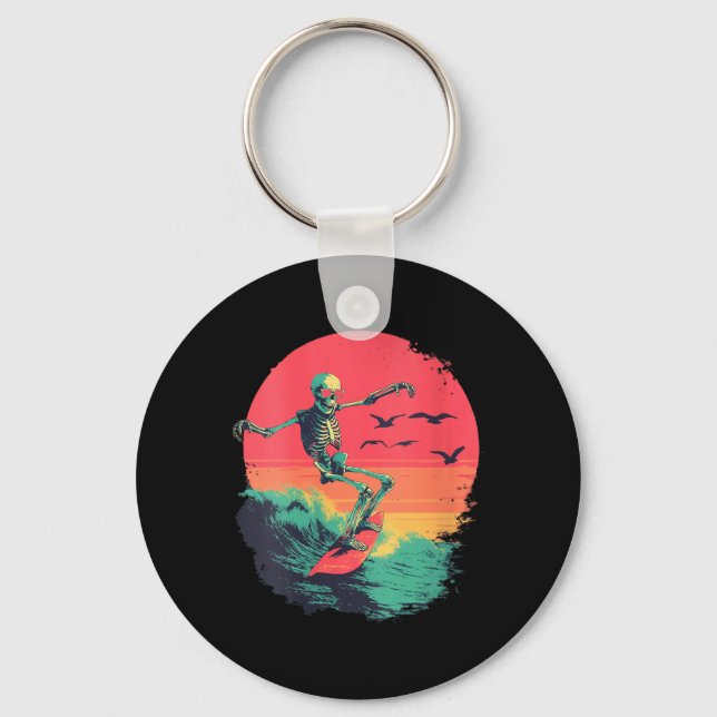 Womens Retro Surfing Skeleton Surfer Riding Wave Key Ring (Front)