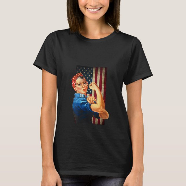 Womens Rosie the Riveter and worn American Flag  T-Shirt (Front)