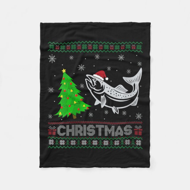 Womens Salmon Xmas Tree Lighting Ugly Christmas Sw Fleece Blanket (Front)