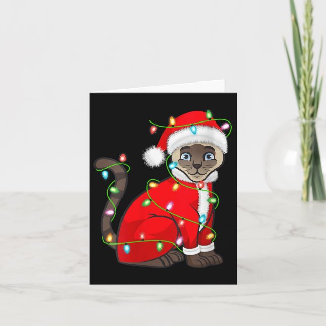 Womens Siamese Cat Christmas Lights Santa Costume  Card (Front)