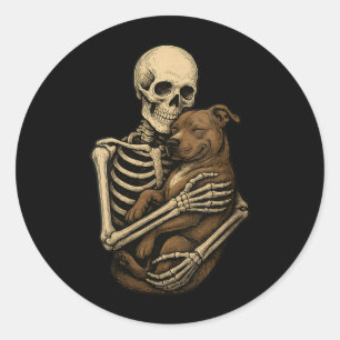 Womens Skeleton Hugging Pittie Dog Pit Bull Funny Classic Round Sticker