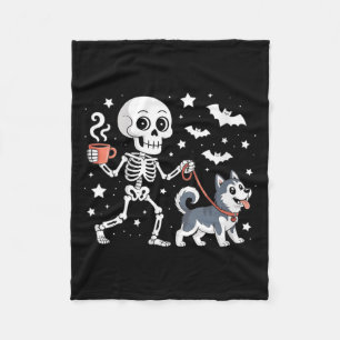 Womens Skeleton Walking Siberian Husky Dog Coffee Fleece Blanket