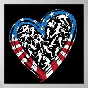 Women's Soccer Heart - USA American Flag Poster