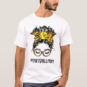 Womens Softball Gift Mum Messy Bun Hair Leopard Mo T-Shirt