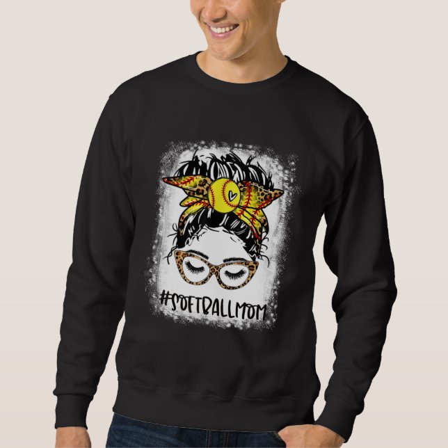 Womens Softball Mom Messy Bun Hair Leopard Mother  Sweatshirt (Front)