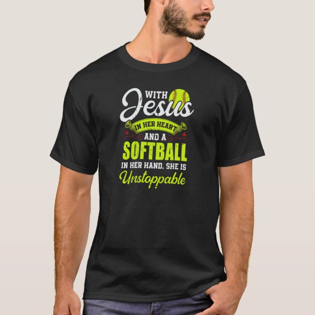 Womens Softball With Jesus And A Softball She Is U T-Shirt (Front)