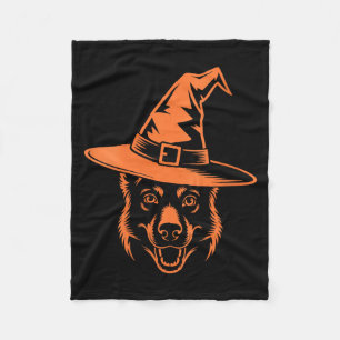 Womens Spooky Black German Shepherd Dog Witch Hat Fleece Blanket
