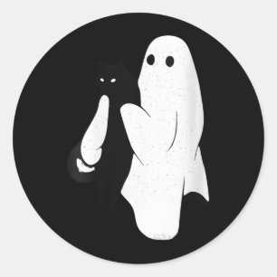 Womens Spooky Ghost Holding Black-Cat Funny Classic Round Sticker