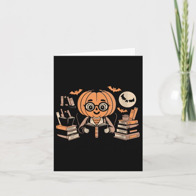 Womens Spooky Moon Pumpkin Librarian Reading Magic Card (Front)