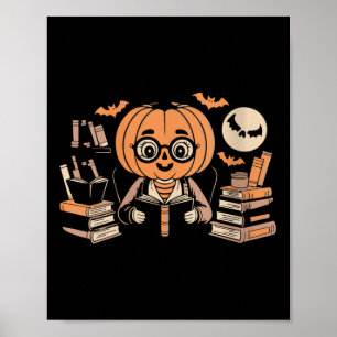 Womens Spooky Moon Pumpkin Librarian Reading Magic Poster