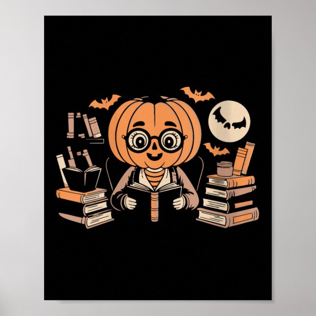 Womens Spooky Moon Pumpkin Librarian Reading Magic Poster (Front)