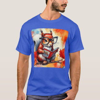 Womens Squirrel Reading Comic Book On Autumn Branc T-Shirt