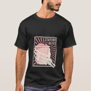 Womens Staying Alive Skeleton Hand Drinking Coffee T-Shirt