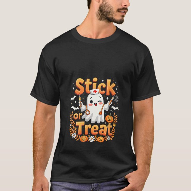 Womens Stick Or Treat Funny Ghost Nursing Hallowee T-Shirt (Front)