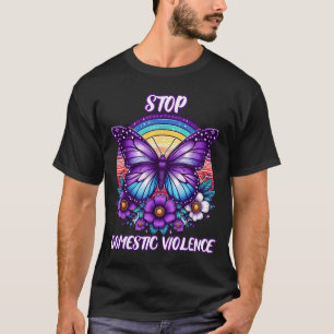 Womens Stop Domestic Violence Purple Retro Rainbow T-Shirt