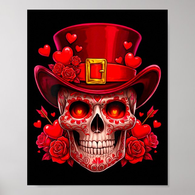 Women's Sugar Skull Valentine Cud Red Roses Couple Poster (Front)