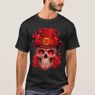 Women's Sugar Skull Valentine Cud Red Roses Couple T-Shirt