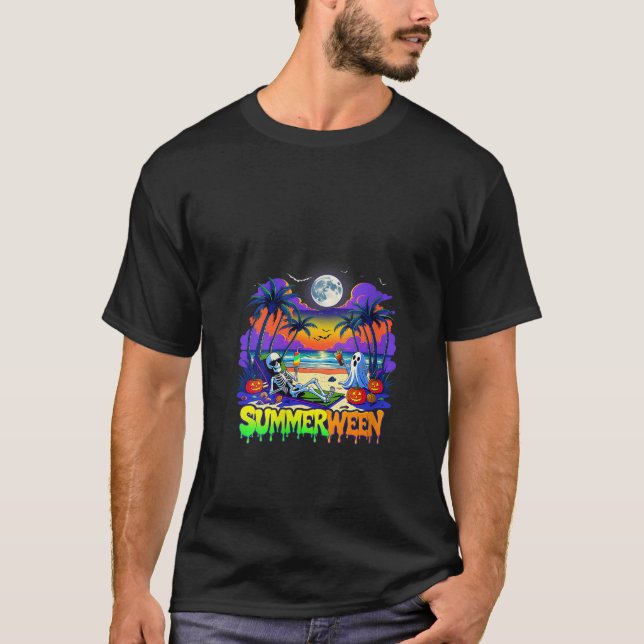 Womens Summerween Skeleton Ghost Beach Funny Spook T-Shirt (Front)