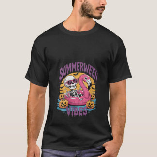 Womens Summerween Vibes Skeleton Flamingo Spooky H T-Shirt