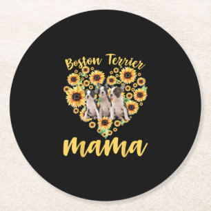 Womens Sunflower Boston Terrier Mama Dog Lover Round Paper Coaster