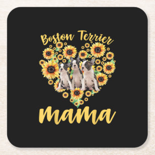 Womens Sunflower Boston Terrier Mama Dog Lover Square Paper Coaster