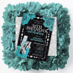 Womens Teal and Silver Birthday Invitation