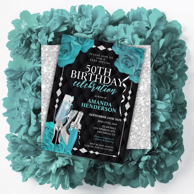 Womens Teal and Silver Birthday Invitation (Creator Uploaded)