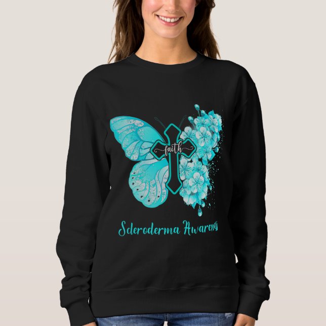 Womens Teal Butterfly Faith Scleroderma Awareness Sweatshirt (Front)