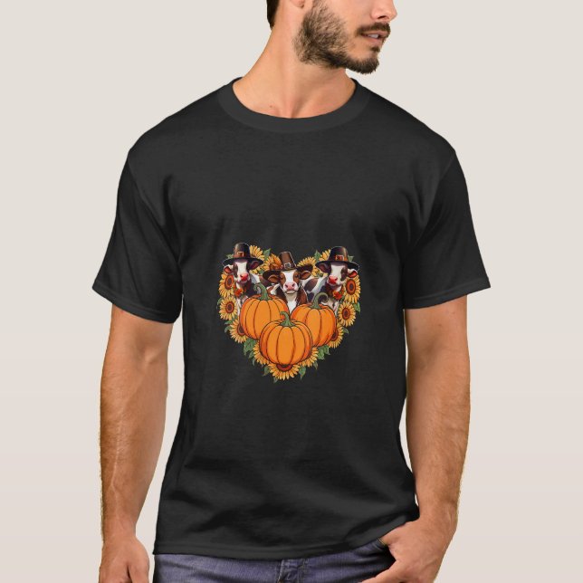 Womens Three Cute Cows Thanksgiving Pilgrim Sunflo T-Shirt (Front)