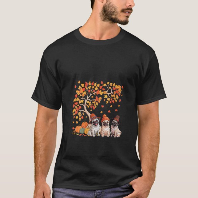 Womens Three Cute Pugs Pumpkins Under Fall Tree Th T-Shirt (Front)