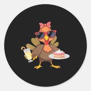 Womens Turkey Drinking Coffee Bow Turkey Day Thank Classic Round Sticker