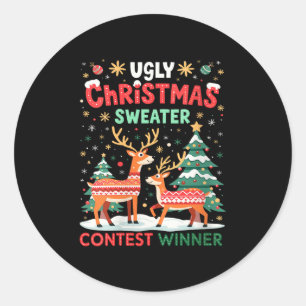 Womens Ugly Christmas Sweater Reindeer Contest Win Classic Round Sticker