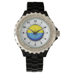 Women's Ukraine flag Rhinestone Black Enamel Watch