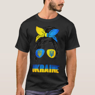 Womens Ukraine Messy Bun Hair Wearing Ukraine Flag T-Shirt