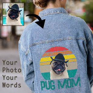 Womens Unique Pug Lover Mum Grunge Rainbow Styled Denim Jacket