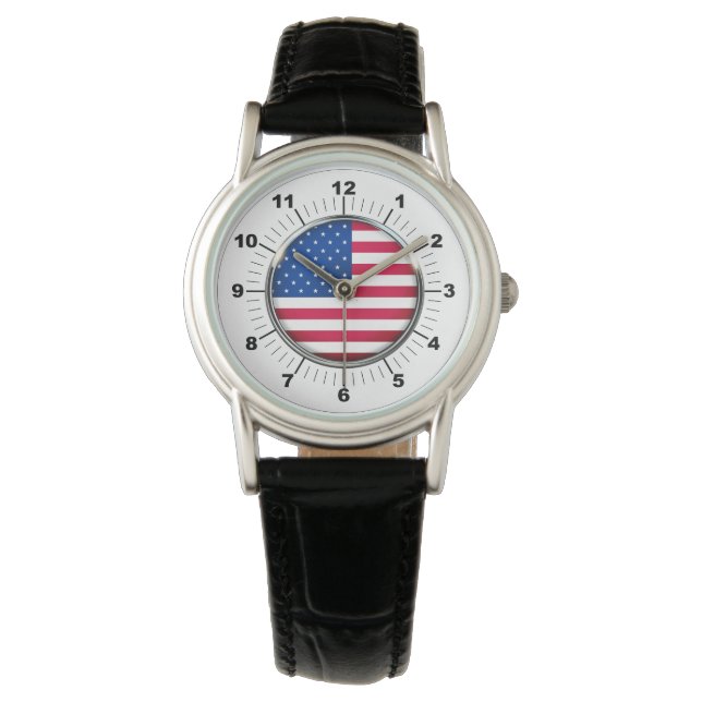 Women's USA Flag Classic Black Leather Strap Watch (Front)